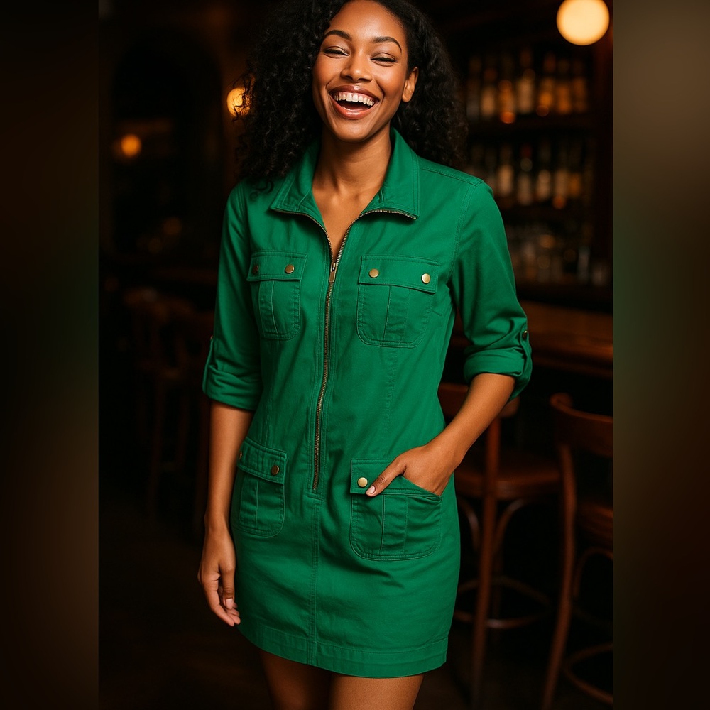 Sharagano Emerald Green Utility Dress Size 12 Pockets Zip Front Casual Chic